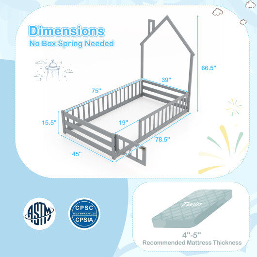 Twin Size Montessori Floor Bed with Lockable Door and Full-Length Guardrail-Gray LuxuryLifeWay Online Store