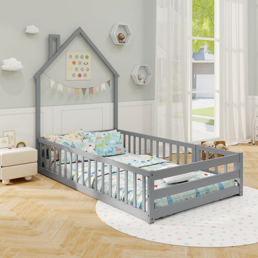 Twin Size Montessori Floor Bed with Lockable Door and Full-Length Guardrail-Gray LuxuryLifeWay Online Store