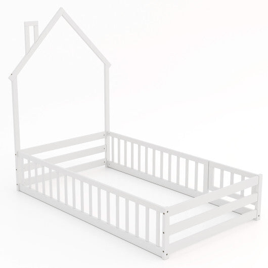 Twin Size Montessori Floor Bed with Lockable Door and Full-Length Guardrail-Gray LuxuryLifeWay Online Store