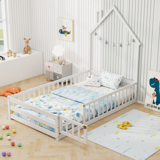Twin Size Montessori Floor Bed with Lockable Door and Full-Length Guardrail-Gray LuxuryLifeWay Online Store
