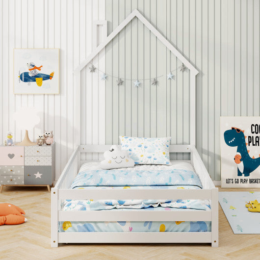 Twin Size Montessori Floor Bed with Lockable Door and Full-Length Guardrail-Gray LuxuryLifeWay Online Store