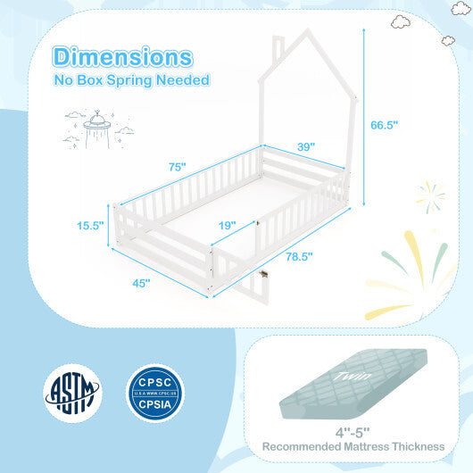 Twin Size Montessori Floor Bed with Lockable Door and Full-Length Guardrail-Gray LuxuryLifeWay Online Store