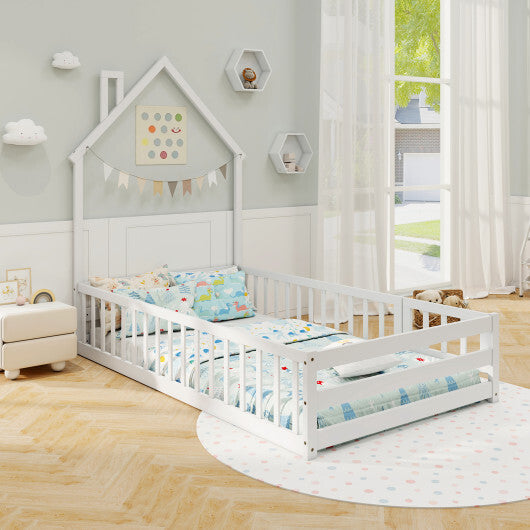 Twin Size Montessori Floor Bed with Lockable Door and Full-Length Guardrail-Gray LuxuryLifeWay Online Store