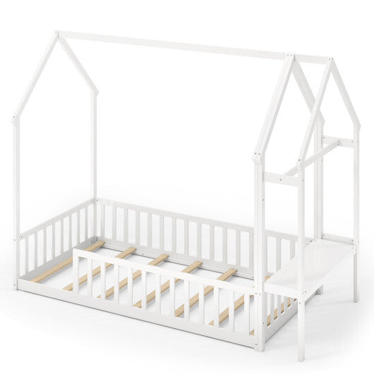 Twin House Floor Bed Montessori Bed Frame with Storage Shelf-White LuxuryLifeWay Online Store