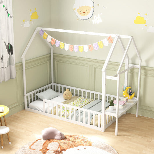 Twin House Floor Bed Montessori Bed Frame with Storage Shelf-White LuxuryLifeWay Online Store
