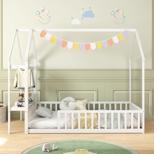 Twin House Floor Bed Montessori Bed Frame with Storage Shelf-White LuxuryLifeWay Online Store
