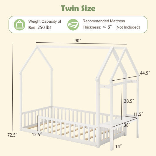 Twin House Floor Bed Montessori Bed Frame with Storage Shelf-White LuxuryLifeWay Online Store