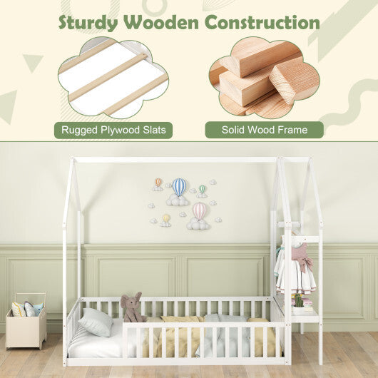 Twin House Floor Bed Montessori Bed Frame with Storage Shelf-White LuxuryLifeWay Online Store