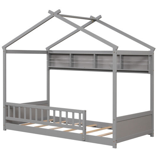 Twin Size House Bed with Storage Shelf and Headboard-Gray