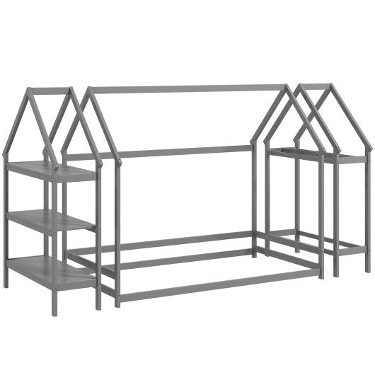 Twin Size Montessori Floor House Bed with Detachable Storage Shelves-Grey LuxuryLifeWay Online Store