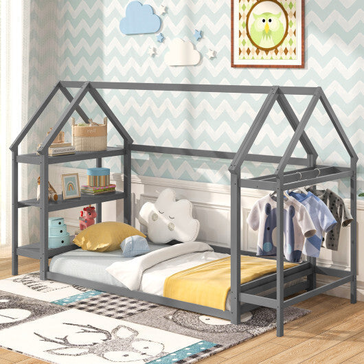 Twin Size Montessori Floor House Bed with Detachable Storage Shelves-Grey LuxuryLifeWay Online Store