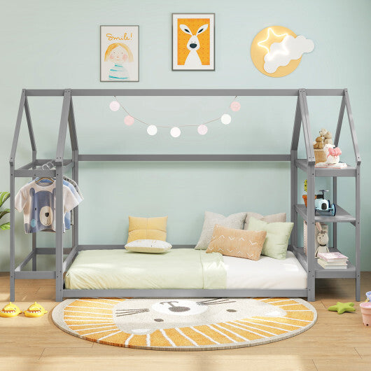 Twin Size Montessori Floor House Bed with Detachable Storage Shelves-Grey LuxuryLifeWay Online Store