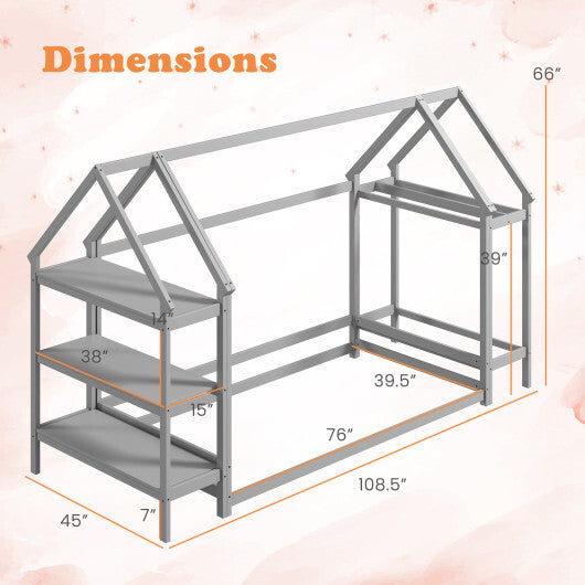 Twin Size Montessori Floor House Bed with Detachable Storage Shelves-Grey LuxuryLifeWay Online Store