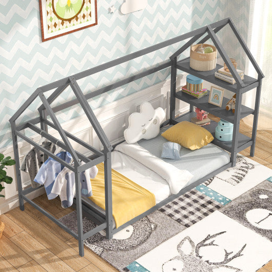 Twin Size Montessori Floor House Bed with Detachable Storage Shelves-Grey LuxuryLifeWay Online Store