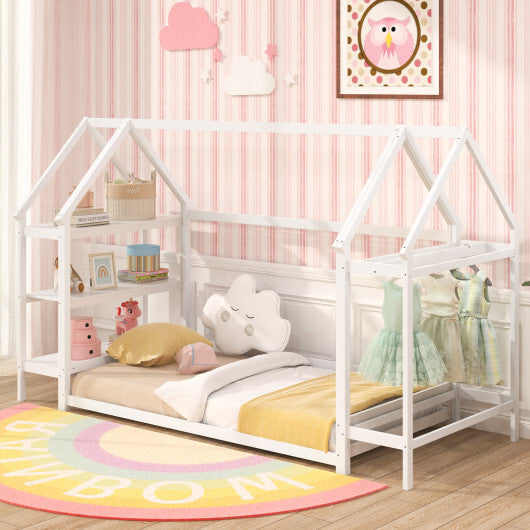 Twin Size Montessori Floor House Bed with Detachable Storage Shelves-Grey LuxuryLifeWay Online Store