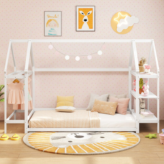 Twin Size Montessori Floor House Bed with Detachable Storage Shelves-Grey LuxuryLifeWay Online Store