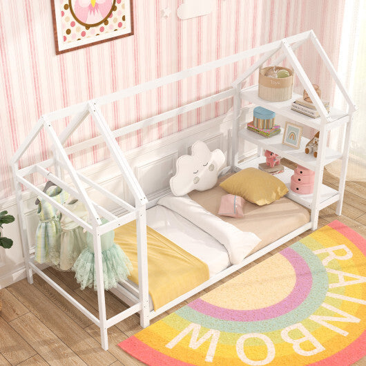 Twin Size Montessori Floor House Bed with Detachable Storage Shelves-Grey LuxuryLifeWay Online Store