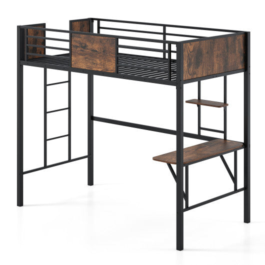 Space-Saving Twin Loft Bed with Safety Guardrail and Ladder-Coffee LuxuryLifeWay Online Store