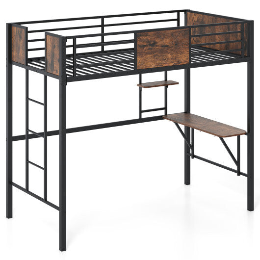 Space-Saving Twin Loft Bed with Safety Guardrail and Ladder-Coffee LuxuryLifeWay Online Store