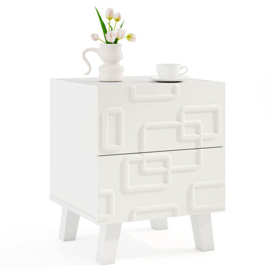 Modern Nightstand Side Table with Drawers and 3D Geometric Patterns-White LuxuryLifeWay Online Store