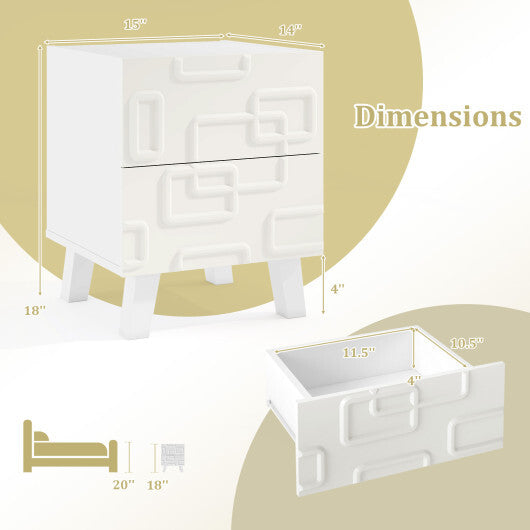 Modern Nightstand Side Table with Drawers and 3D Geometric Patterns-White LuxuryLifeWay Online Store