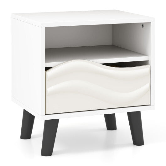 Nightstand Mid Century Modern Bedside Table with 3D Wavy Pattern and Open Shelf-White LuxuryLifeWay Online Store