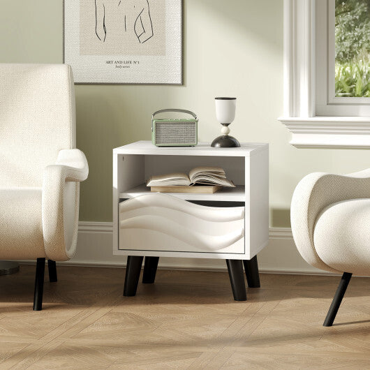 Nightstand Mid Century Modern Bedside Table with 3D Wavy Pattern and Open Shelf-White LuxuryLifeWay Online Store
