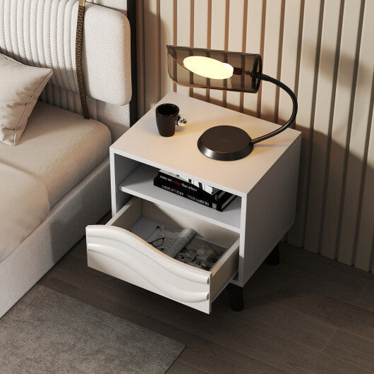 Nightstand Mid Century Modern Bedside Table with 3D Wavy Pattern and Open Shelf-White LuxuryLifeWay Online Store