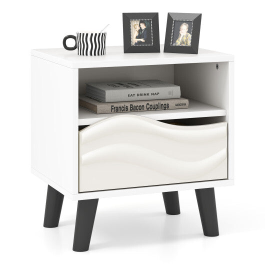 Nightstand Mid Century Modern Bedside Table with 3D Wavy Pattern and Open Shelf-White LuxuryLifeWay Online Store