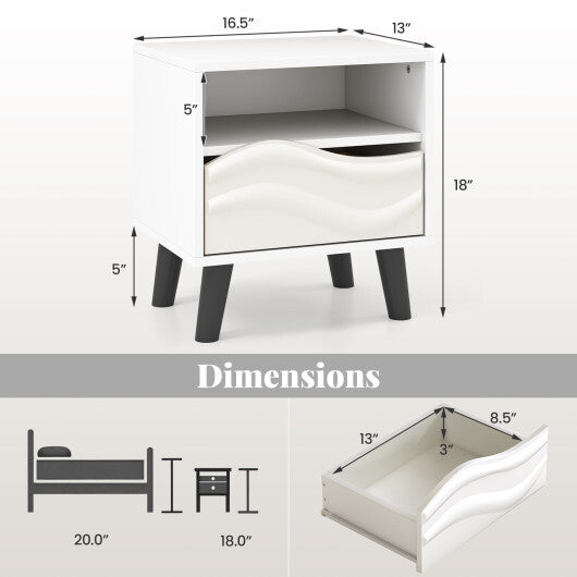 Nightstand Mid Century Modern Bedside Table with 3D Wavy Pattern and Open Shelf-White LuxuryLifeWay Online Store