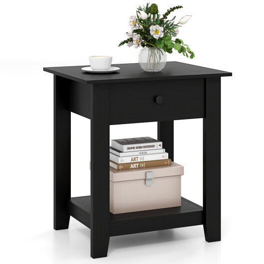 Nightstand with Drawer 3-Tier Modern Bedside Table with Open Shelf and Storage-Black LuxuryLifeWay Online Store