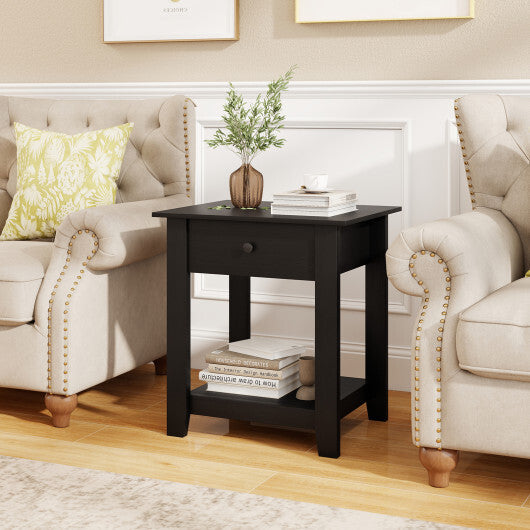 Nightstand with Drawer 3-Tier Modern Bedside Table with Open Shelf and Storage-Black LuxuryLifeWay Online Store