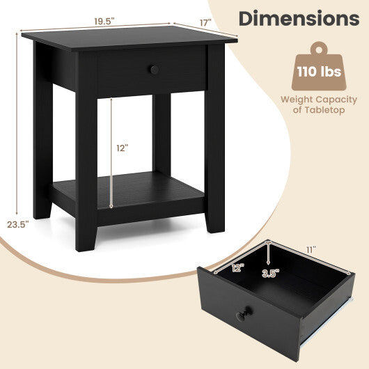 Nightstand with Drawer 3-Tier Modern Bedside Table with Open Shelf and Storage-Black LuxuryLifeWay Online Store