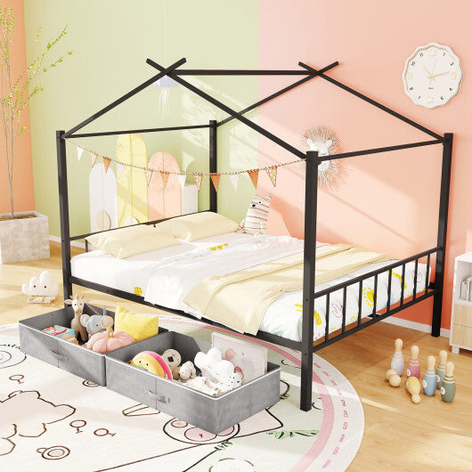 Full Size Metal House Bed with 2 Fabric Drawers for Kids-Black LuxuryLifeWay Online Store