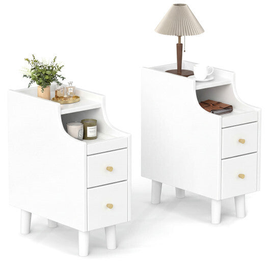 Set of 2 Solid Wood Night Side Table with Pull-out Tray and 2 Storage Drawers-Natural