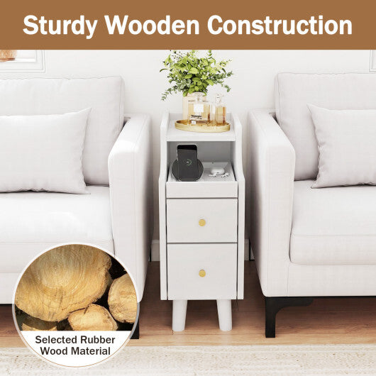 Set of 2 Solid Wood Night Side Table with Pull-out Tray and 2 Storage Drawers-Natural