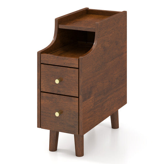 Solid Wood End Table Narrow Bedside Table with Pull-out Tray and 2 Storage Drawers-Brown LuxuryLifeWay Online Store
