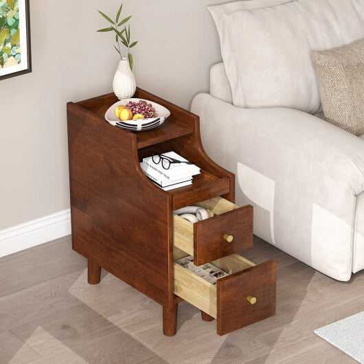Solid Wood End Table Narrow Bedside Table with Pull-out Tray and 2 Storage Drawers-Brown LuxuryLifeWay Online Store