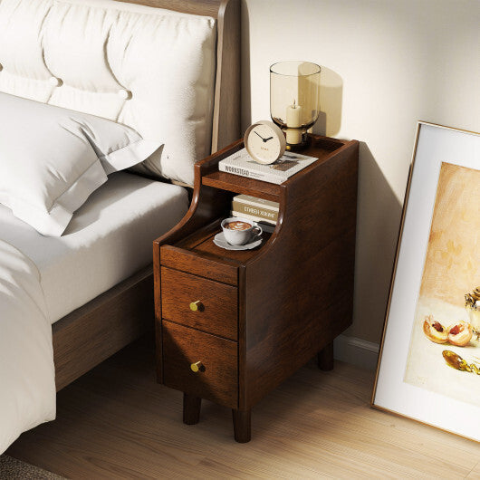 Solid Wood End Table Narrow Bedside Table with Pull-out Tray and 2 Storage Drawers-Brown LuxuryLifeWay Online Store