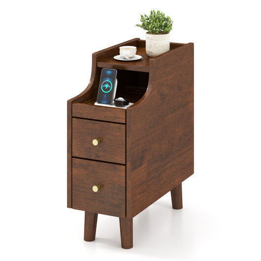 Solid Wood End Table Narrow Bedside Table with Pull-out Tray and 2 Storage Drawers-Brown LuxuryLifeWay Online Store