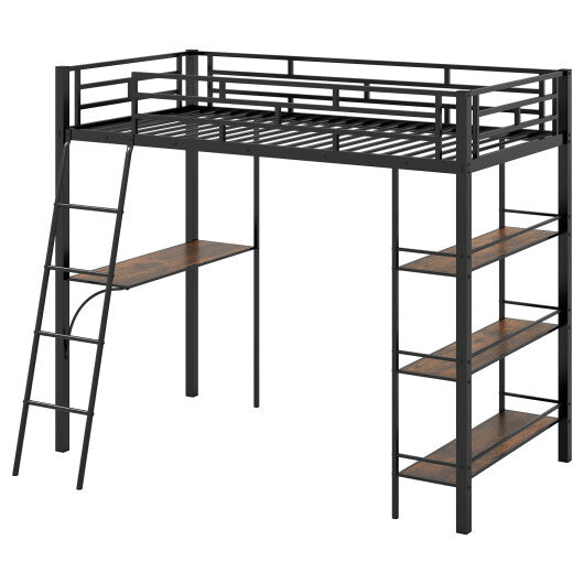 Twin Size Loft Bed with Desk and Shelves for Kids and Home-Black LuxuryLifeWay Online Store