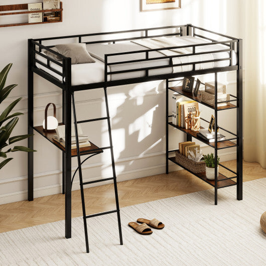 Twin Size Loft Bed with Desk and Shelves for Kids and Home-Black LuxuryLifeWay Online Store
