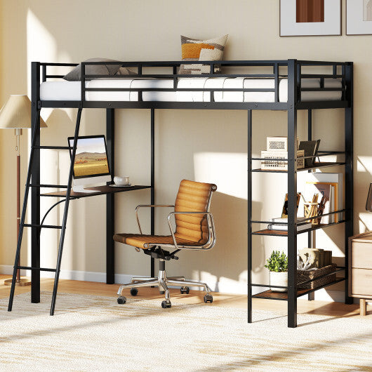Twin Size Loft Bed with Desk and Shelves for Kids and Home-Black LuxuryLifeWay Online Store