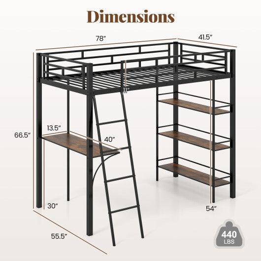 Twin Size Loft Bed with Desk and Shelves for Kids and Home-Black LuxuryLifeWay Online Store