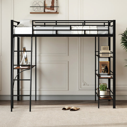Twin Size Loft Bed with Desk and Shelves for Kids and Home-Black LuxuryLifeWay Online Store