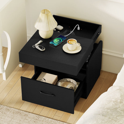 Nightstand with Charging Station Modern Bedside Table for Living Room Bedroom Office-Black LuxuryLifeWay Online Store