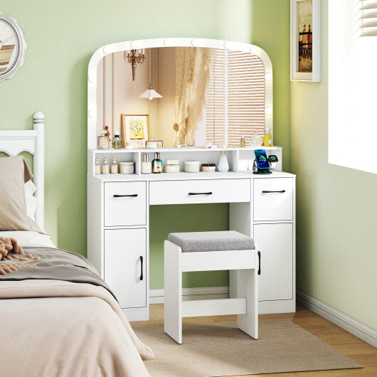 Vanity Desk Makeup Table with Stool 3-Color Lights and Charging Station-Rustic Brown