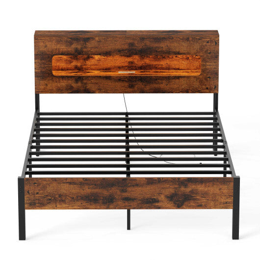 Slatted Full Bed Frame with LED Lights and Storage Headboard No Box Spring Needed-Full Size LuxuryLifeWay Online Store