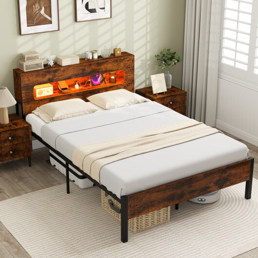 Slatted Full Bed Frame with LED Lights and Storage Headboard No Box Spring Needed-Full Size LuxuryLifeWay Online Store