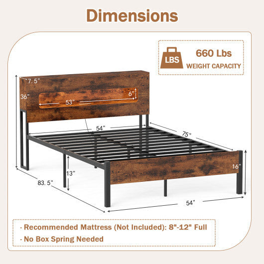 Slatted Full Bed Frame with LED Lights and Storage Headboard No Box Spring Needed-Full Size LuxuryLifeWay Online Store